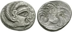 CELTIC, Northwest Gaul. Coriosolites. Circa 100-50 BC. BI Stater (6.37 g, 1h). Celtic head right, hair in large spiral curls, S-like ear; scroll-ornament before / Celticized rider on horseback right; 