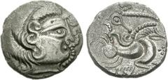 CELTIC, Northwest Gaul. Coriosolites. Circa 100-50 BC. BI Stater (6.26 g, 5h). Celtic head right, hair in large spiral curls, S-like ear; scroll-ornament before / Celticized rider on horseback right; 
