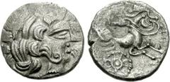 CELTIC, Northwest Gaul. Redones. Circa 100-50 BC. BI Stater (6.60 g, 3h). Celtic head right / Celticized biga right, rider devolved into creature above human-headed horse; wheel below. D&T 2310; Depey