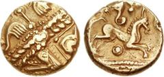 CELTIC, Britain. Trinovantes & Catuvellauni. Uninscribed. Circa 100-40 BC. AV Stater (5.97 g, 12h). British L – Waddon Chase type. Abstract head of Apollo right / Celticized horse right; winged orname