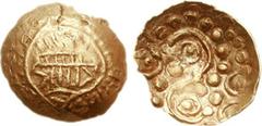 CELTIC, Britain. North-Eastern series ('Corieltauvi'). Uninscribed. Circa 50 BC - AD 30. AV Quarter Stater (1.34 g). Scyphate type. Schematic boar left within torque-like ring of two serpents / Large 