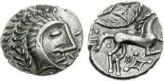 CELTIC, Britain. Iceni. Uninscribed. Circa 65-1 BC. AR Unit (1.24 g, 2h). Normal Face-Horse type. Struck circa 45-5 BC. Celticized head right; branch to left, two trefoils to right, [three pellets bel