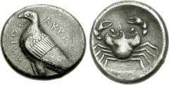 SICILY, Akragas. Circa 465/4-446 BC. AR Tetradrachm (17.47 g, 2h). Sea eagle standing left / Crab within shallow incuse circle. Lee Group I; SNG ANS 968-9; SNG Lockett 690 (this coin). VF, toned, ligh