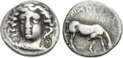 THESSALY, Larissa. Circa 400-380 BC. AR Drachm (5.77 g, 12h). Head of the nymph Larissa facing slightly left, hair in ampyx; to lower right, collection mark: inlaid gold facing eagle with spread wings