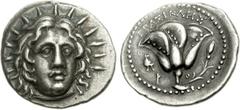 ISLANDS off CARIA, Rhodos. Rhodes. Circa 275-250 BC. AR Didrachm (6.76 g, 11h). Erasikles, magistrate. Head of Helios facing slightly right / Rose with bud to right; EPAΣIKΛHΣ above, Phrygian helmet t