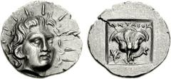 ISLANDS off CARIA, Rhodos. Rhodes. Circa 125-88 BC. AR Hemidrachm (1.44 g, 11h). ‘Plinthophoric’ coinage. Antaios, magistrate. Radiate head of Helios facing slightly right / Rose with bud to right; AN