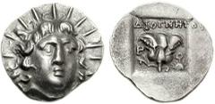 ISLANDS off CARIA, Rhodos. Rhodes. Circa 125-88 BC. AR Hemidrachm (1.31 g, 12h). ‘Plinthophoric’ coinage. Diognetos, magistrate. Radiate head of Helios facing slightly right / Rose with bud to left; Δ