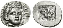 ISLANDS off CARIA, Rhodos. Rhodes. Circa 125-88 BC. AR Hemidrachm (1.43 g, 12h). ‘Plinthophoric’ coinage. Melantas, magistrate. Radiate head of Helios facing slightly right / Rose with bud to right; M