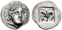 ISLANDS off CARIA, Rhodos. Rhodes. Circa 125-88 BC. AR Hemidrachm (1.38 g, 12h). ‘Plinthophoric’ coinage. Antigeneos, magistrate. Radiate head of Helios facing slightly right / Rose with bud to right;