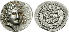 ISLANDS off CARIA, Rhodos. Rhodes. Circa 88/42 BC-AD 14. AR Drachm (4.05 g, 8h). Nikophron, magistrate. Head of Helios facing slightly right / Rose seen from above; NIKOΦPΩN above; below, prow right. 