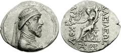 KINGS of PARTHIA. Artabanos I. 126-122 BC. AR Tetradrachm (16.07 g, 12h). Seleukeia on the Tigris mint. Diademed and draped bust right / Demeter enthroned left, holding Nike and cornucopia, nereid sup
