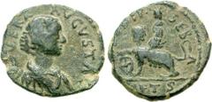JUDAEA, Sebaste. Aquilia Severa. Augusta, AD 220-221 & 221-222. Æ 21mm (5.47 g, 7h). Draped bust right / Sphinx standing left, head right, forepaw on wheel; above, radiate and draped bust of Shamash l