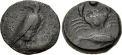 Greek SICILY, Akragas. Circa 415-406 BC. Æ Onkia (16.5mm, 3.50 g, 5h). Eagle standing right, head left, [on fish right] / Crab; pellet (mark of value) above; below, grouper right. Westermark, Coinage 