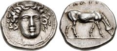 Greek THESSALY, Larissa. Circa 400-370 BC. AR Drachm (19mm, 6.07 g, 6h). Head of the nymph Larissa facing slightly right / Horse grazing right. L-S Group 5, Head Type 24, dies O116/R1, j = BCD Thessal