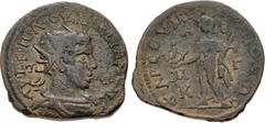 Roman Provincial CILICIA, Tarsus. Valerian I. AD 253-260. Æ (32mm, 16.35 g, 11h). Radiate, draped, and cuirassed bust right, seen from the front / Perseus standing left, holding cult statue of Apollo 