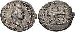 Roman Imperial Titus. AD 79-81. AR Denarius (19mm, 3.17 g, 6h). Rome mint. Struck January-June AD 80. IMP TITVS CAES VESPASIAN AVG P M, laureate head right / TR P IX IMP XV COS VIII P P, pulvinar (thr