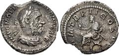 Roman Imperial Macrinus. AD 217-218. AR Denarius (18.5mm, 2.17 g, 6h). Rome mint, 5th officina. 2nd emission, AD 217-218. Laureate, draped, and cuirassed bust right, wearing long beard / Macrinus seat