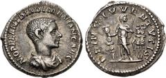 Roman Imperial Diadumenian. As Caesar, AD 217-218. AR Denarius (20mm, 2.75 g, 12h). Rome mint. 2nd emission of Macrinus, AD 217-218. Bareheaded, draped, and cuirassed bust right / Diadumenian standing