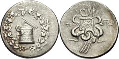 LYDIA, Tralleis. Circa 166-67 BC. AR Tetradrachm (28mm, 12.54 g, 12h). Cistophoric type. Struck 166-160 BC. Cista mystica with serpent; all within ivy wreath / Bow-case with serpents; maeander pattern