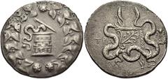 LYDIA, Tralleis. Circa 166-67 BC. AR Tetradrachm (28mm, 12.30 g, 12h). Cistophoric type. Struck 155-145 BC. Cista mystica with serpent; all within ivy wreath / Bow-case with serpents; tripod to right.