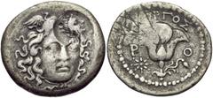 ISLANDS off CARIA, Rhodos. Rhodes . Circa 205-200(?) BC. AR Didrachm (20mm, 4.44 g, 12h). Cretan War issue. Military mint on Crete. Gorgos, magistrate. Winged head of Medusa facing slightly right; c/m
