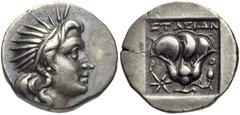 ISLANDS off CARIA, Rhodos. Rhodes . Circa 188-170 BC. AR Drachm (16mm, 3.00 g, 11h). ‘Plinthophoric’ coinage. Stasion, magistrate. Radiate head of Helios right / Rose with bud to right; star to left, 