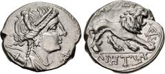 Greek GAUL, Massalia. Circa 150-125 BC. AR Drachm (16mm, 2.68 g, 12h). Light standard. Diademed and draped bust of Artemis right; bow and quiver over shoulder; to right, ΔI monogram above K / Lion sta