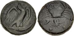 Greek SICILY, Akragas. Circa 415-406 BC. Æ Hemilitron (27mm, 24.03 g, 7h). Eagle, with wings spread and head raised, standing right on fish / Crab holding serpent in left claw; six pellets (mark of va