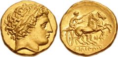 Greek KINGS of MACEDON. temp. Philip II – Alexander III. Circa 340/36-328 BC. AV Stater (17.5mm, 8.59 g, 10h). In the name and types of Philip II. Pella mint. Head of Apollo right, wearing laurel wrea