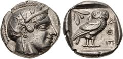 Greek ATTICA, Athens. Circa 454-404 BC. AR Tetradrachm (24mm, 17.17 g, 5h). Helmeted head of Athena right, with frontal eye / Owl standing right, head facing, closed tail feathers; olive sprig and cre