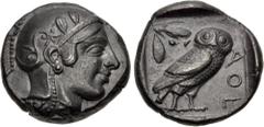 Greek ATTICA, Athens. Circa 454-404 BC. AR Tetradrachm (24mm, 17.14 g, 10h). Helmeted head of Athena right, with frontal eye / Owl standing right, head facing, closed tail feathers; olive sprig and cr