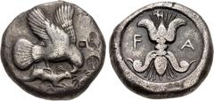 Greek ELIS, Olympia. 83rd-85th Olympiad. 448-440 BC. AR Stater (21.5mm, 11.73 g, 3h). Eagle, wings spread, in flight right, holding dead hare in its talons and tearing at it / Vertical thunderbolt wit