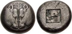 Greek LESBOS, Unattributed Koinon mint. Circa 510-480 BC. AR Double Shekel – Stater (19mm, 11.10 g). Confronted calves' heads; tree between / Rough incuse square. Lazzarini, Contribution, Series III; 