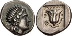 Greek ISLANDS off CARIA, Rhodos. Rhodes. Circa 188-170 BC. AR Drachm (15mm, 2.97 g, 12h). 'Plinthophoric' coinage. Stasion, magistrate. Radiate head of Helios right / Rose with bud to right; %tÅ%5W@ a