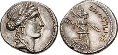 Roman Republican Moneyer issues of Imperatorial Rome. L. Hostilius Saserna. 48 BC. AR Denarius (18mm, 4.03 g, 7h). Rome mint. Diademed female head (Pietas or Clementia?) right, wearing oak wreath / Vi