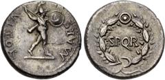 Roman Imperial Civil War. AD 68-69. AR Denarius (17.5mm, 3.05 g, 6h). Uncertain mint in Gaul. MARS VLTOR, Mars, naked but for helmet, advancing right, brandishing javelin in right hand and holding rou