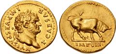 Roman Imperial Titus. As Caesar, AD 69-79. AV Aureus (20mm, 7.34 g, 6h). Rome mint. Struck under Vespasian, AD 75. T CAESAR IMP VESPASIAN, laureate head right / IMP VIII in exergue, bull butting right