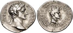 Roman Imperial Trajan. AD 98-117. AR Denarius (19mm, 2.97 g, 6h). Restitution issue of Augustus, with Agrippa. Rome mint. Struck circa AD 107 or 112/113. AVGVSTVS COS XI, laureate head of Augustus rig
