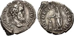 Roman Imperial Pertinax. AD 193. AR Denarius (20.5mm, 2.99 g, 6h). Rome mint. 2nd emission. IMP CAES P HELV PERTIN AVG, laureate head right / VOT DECEN TR P COS II, Pertinax standing left, holding vol