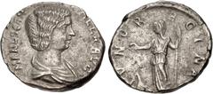 Roman Imperial Manlia Scantilla. Augusta, AD 193. AR Denarius (18mm, 3.09 g, 12h). Rome mint. Struck under Didius Julianus. MANL SCANTILLA AVG, draped bust right / IVNO RE GINA, Juno standing left, ho