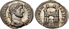 Roman Imperial Galerius. As Caesar, AD 293-305. AR Argenteus (19mm, 2.32 g, 6h). Ticinum mint. Struck circa AD 295. Laureate head right / VICTORIA SARMAT, the four tetrarchs standing facing one anothe