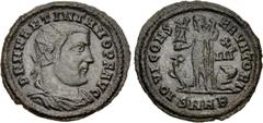 Roman Imperial Martinian. Usurper, AD 324. Æ Follis (21mm, 2.59 g, 11h). Nicomedia mint, 2nd officina. D N M MARTINIANVS P F AVG, radiate, draped, and cuirassed bust right / IOVI CONS ERVATORI, Jupite
