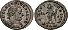Roman Imperial Licinius I. AD 308-324. Æ Follis (24mm, 4.92 g, 6h). Londinium (London) mint. Struck circa AD 311-312. Laureate and cuirassed bust right / Sol standing left, chlamys across left shoulde
