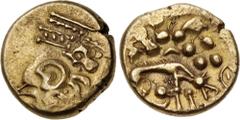 British CELTIC, Iceni. Uninscribed. Circa 60-50 BC. AV Stater (17mm, 6.13 g, 2h). Norfolk Wolf type (Icenian A). Head of Apollo right, devolved to wreath and crescents / Disjointed wolf right; pellet 