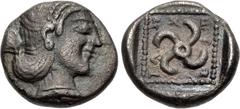 Fractions from the J. de Wilde and Herbert Cahn Collections DYNASTS of LYCIA. Teththiweibi. Circa 450-430/20 BC. AR Twelfth Stater (9mm, 0.77 g). Phellos mint. Head of Aphrodite right / Tetraskeles in
