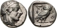 Greek ATTICA, Athens. Circa 454-404 BC. AR Tetradrachm (22mm, 17.15 g, 2h). Helmeted head of Athena right, with frontal eye / Owl standing right, head facing, closed tail feathers; olive spray and cre