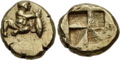 Greek MYSIA, Kyzikos. Circa 450-330 BC. EL Myshemiheket – Twenty-fourth Stater (8mm, 1.30 g). Boy seated facing, head right, legs splayed to left, holding in his right hand a tunny fish by the tail / 