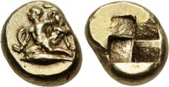 Greek MYSIA, Kyzikos. Circa 450-330 BC. EL Hekte – Sixth Stater (10mm, 2.61 g). Nude Herakles kneeling left in foreground, and his brother, Iphikles, also nude, kneeling right in background, fighting 
