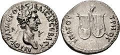 Roman Provincial LYCIA, Koinon of Lycia. Nerva. AD 96-98. AR Drachm (20mm, 3.24 g, 7h). Probably Rome mint. Struck AD 97. Laureate head right; Λ-Y across field / Owl perched atop two lyres. RPC III 26