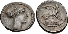 Roman Republican Moneyer issues of Imperatorial Rome. T. Carisius. 46 BC. AR Denarius (18mm, 3.36 g, 3h). Rome mint. Head of Sibyl Herophile right / Sphinx seated right. Crawford 464/1; CRI 69; Sydenh